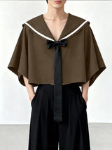 Men's Solid Color Sailor Collar Cropped Short Sleeve Shirt SKUL45413