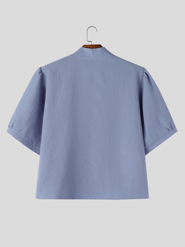 Men's New Chinese Style Textured Frog-Button Puff-Sleeve Shirt SKUL59571
