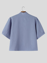 Men's New Chinese Style Textured Frog-Button Puff-Sleeve Shirt SKUL59571