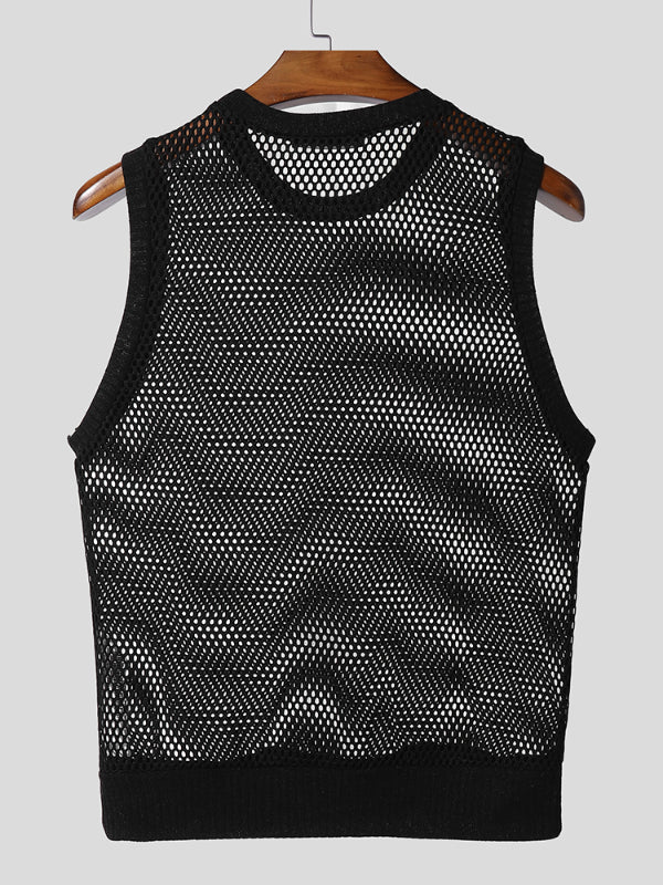 Mens Sheer Mesh Hollow-Out Crew Neck Tank SKUL18803