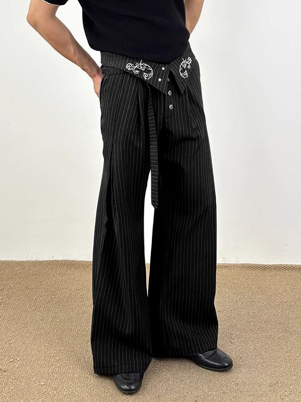 Men's Striped Embroidered Wide Leg High Waist Pant SKUL31995