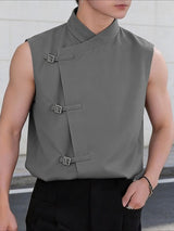 Men's Asymmetric Metal Buckle Strap Sleeveless Waistcoat SKUL61184