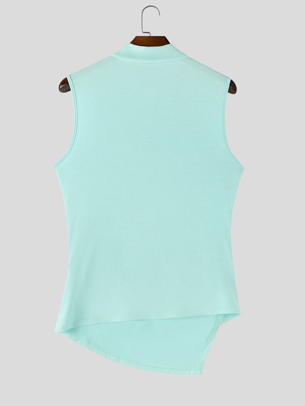 Men's Avant-Garde Asymmetric Slant Button High Neck Crinkled Ruched Tank SKUL67997
