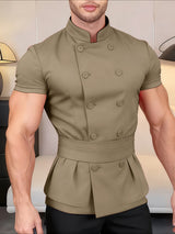 Men's Solid Waist Stand Collar Short Sleeve Shirt SKUL38952