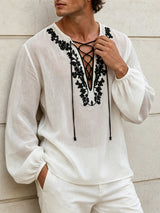 Men's Retro Resort Floral Embroidery Lace-Up Lantern Long Sleeve V-Neck Shirt SKUL79730