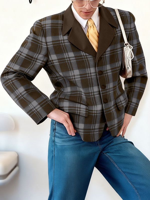 Men's Plaid Preppy Style Casual Blazer SKUL30593