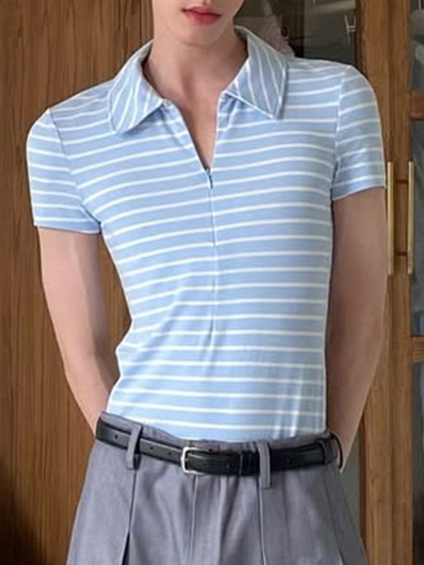 Men's Striped Zipper Turn Down Collar Short Sleeve T-shirt SKUL47695