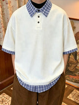 Men's Vintage Japanese Cityboy Aesthetic Fake Two-Piece Plaid Layered Polo Shirt SKUL70203