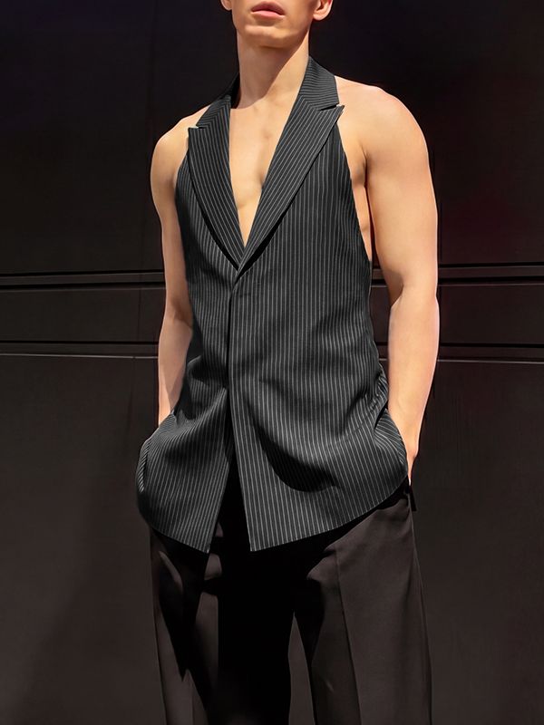 Men's Avant-Garde Pinstripe Halter Neck Backless Lace-Up Waistcoat SKUL64186