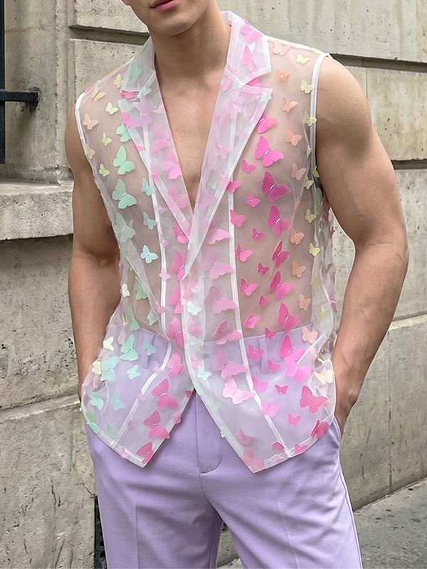 Men's Genderless Aesthetic 3D Butterfly Embroidered Organza Waistcoat SKUL68374