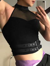 Men's Avant-Garde Mock Neck Mesh Panel Double Buckle Cropped Tank SKUL55394