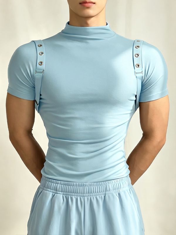 Men's Techwear Slim Fit High Stretch Mock Neck Short Sleeve T-shirt SKUL64086