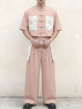 Men's New Chinese Style Floral Print Patchwork Cropped Frog Button Shirt SKUL61177