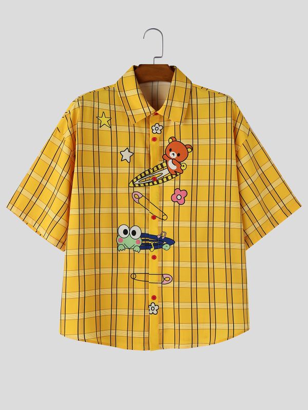 Men's Harajuku Kawaii Cartoon Bear Frog Plaid Short Sleeve Shirt SKUL59521
