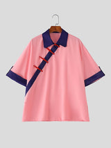 Men's Vintage Preppy Asymmetric Frog Button Lapel Short Sleeve Shirt SKUL61899