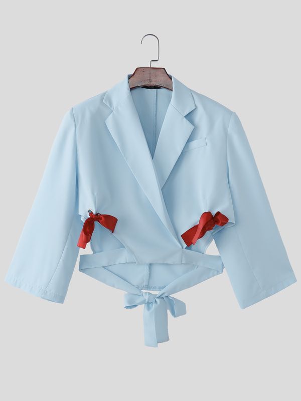 Men's Contrast Red Ribbon Bow Details Cropped Cutout Blazer SKUL58769
