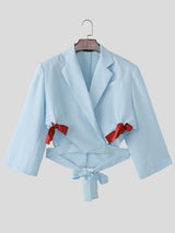 Men's Contrast Red Ribbon Bow Details Cropped Cutout Blazer SKUL58769