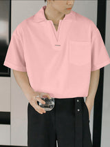 Men's Solid Color Casual V Neck Short Sleeve Shirt SKUL38085