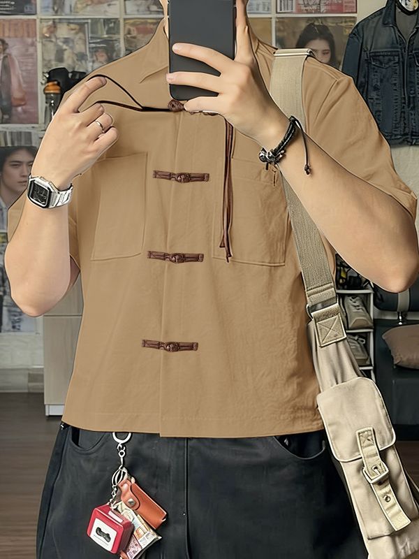 Men's Solid Color New Chinese Style Frog Button Short Sleeve Shirt SKUL57120