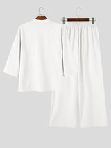 Men's Bohemian Resort Beach Vacation Hollow Cutout Grid Lace-Up Two Pieces Outfit SKUL84806