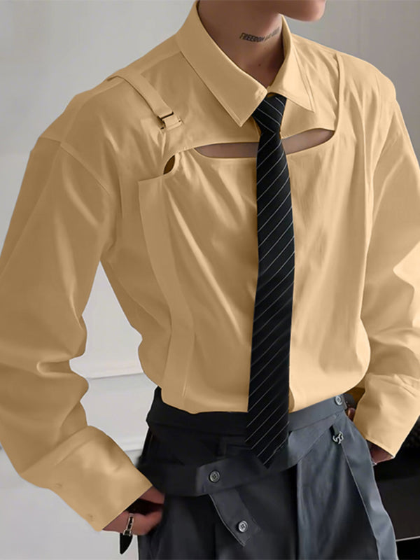 Men's Solid Hollow Fake Two Piece Long Sleeve Shirt SKUL24190