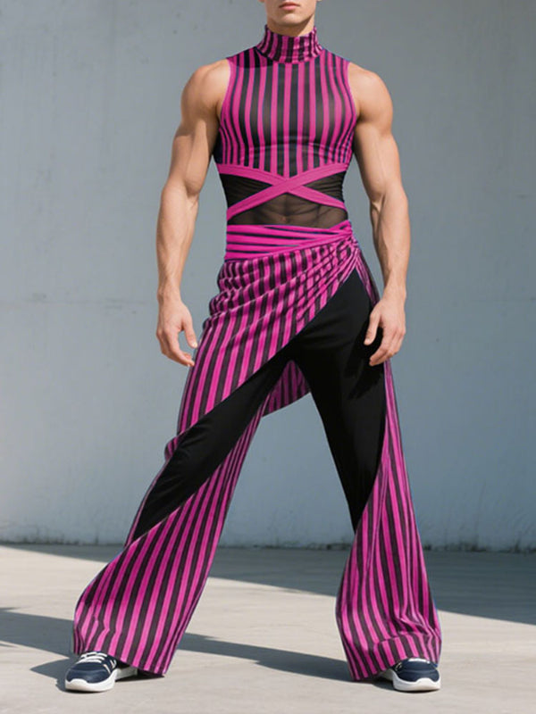 Men's Striped Colorblock Sheer Mesh Two Pieces Outfit SKUL23516