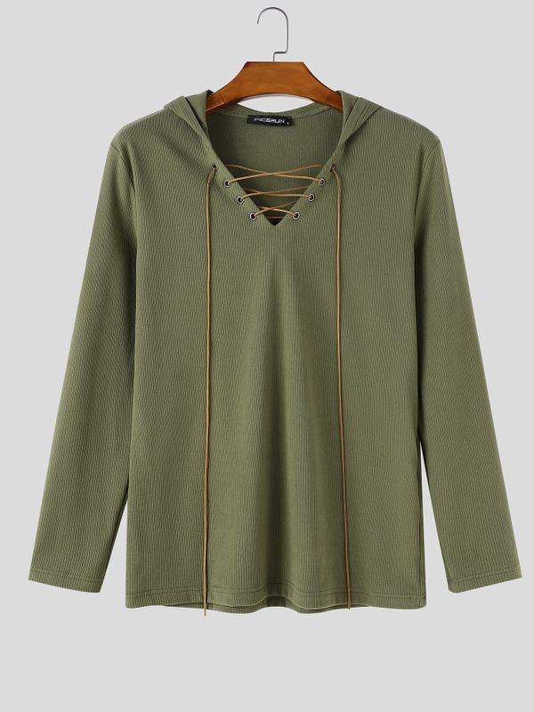 Men's Early Autumn High Street Grommet Drawstring Rib-Knit Long Sleeve T-shirt SKUL81819