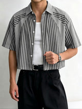 Men's American Vintage Vertical Stripe Drop-Shoulder Cropped Short Sleeve Shirt SKUL71273