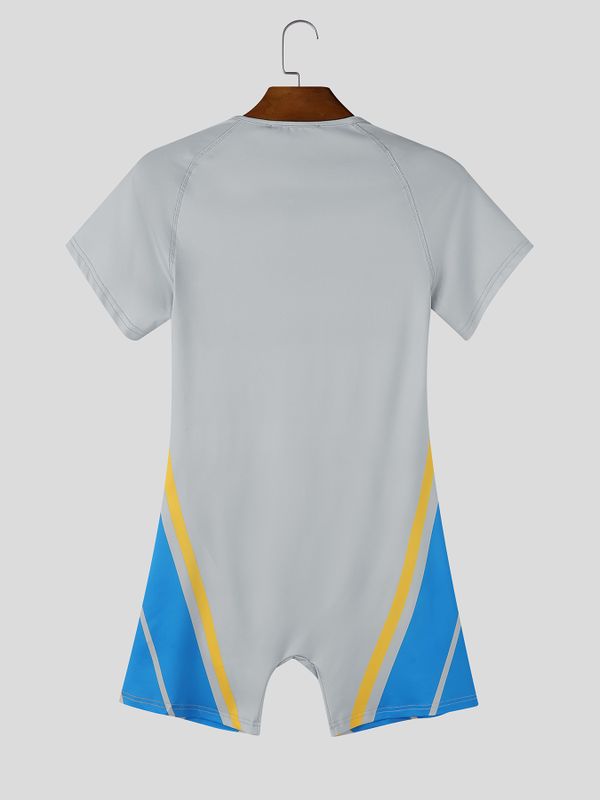 Men's Avant-Garde Racing Stripe Zip-Up Skinny Short Sleeve Zipper V-Neck Bodysuit SKUL73636
