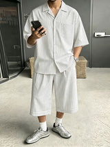 Men's Vintage Casual Stripe Pinstripe Camp Collar Two Pieces Outfit SKUL70401