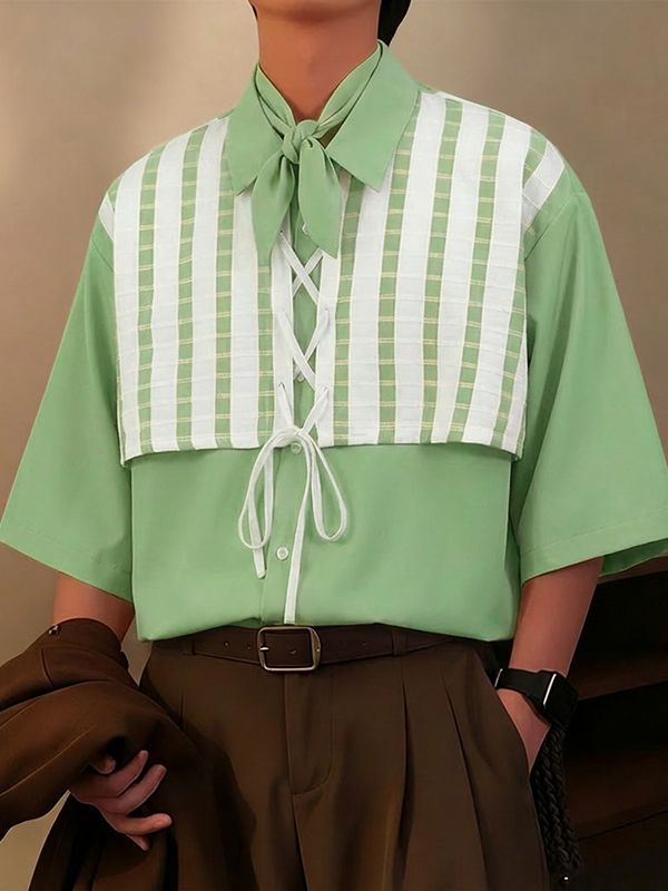 Men's Minimalist Faux Two Piece Patchwork Half Sleeve Shirt SKUL51798