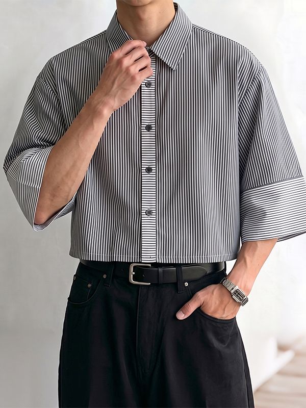 Men's American Vintage Striped Cropped Short Sleeve Shirt SKUL74515