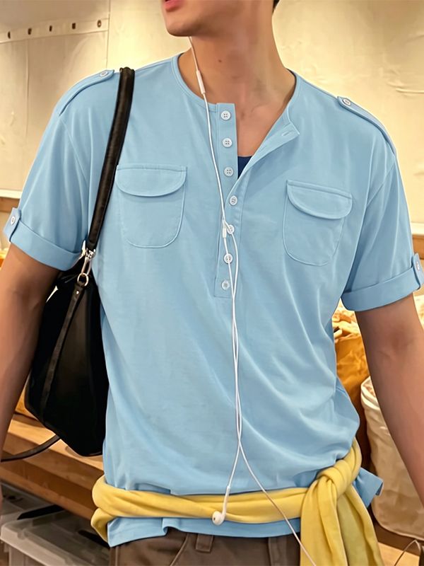 Men's Urban Casual Utility Deep-Henley Multi-Button Short Sleeve T-shirt SKUL75690