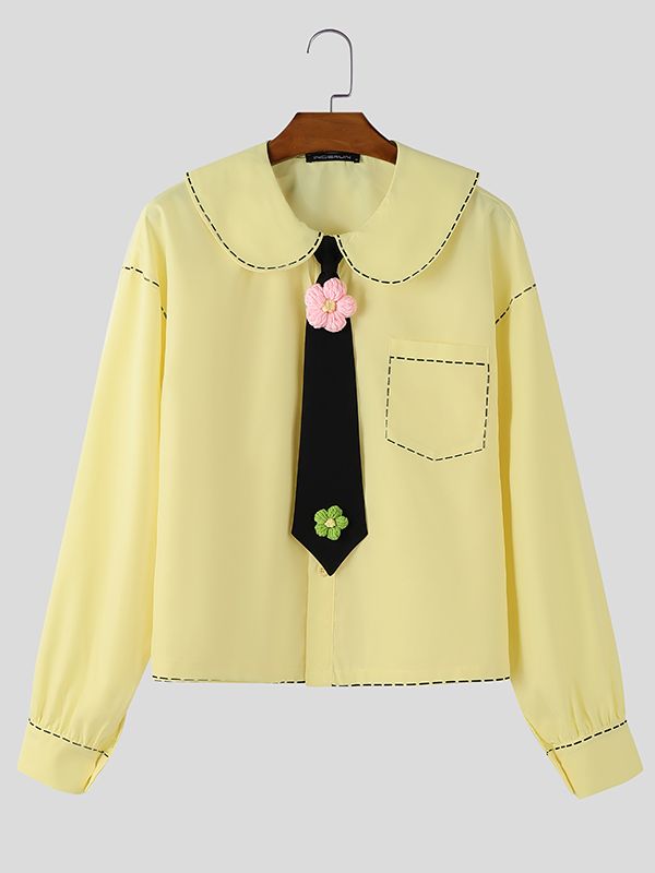 Men's Dashed Print 3D Floral Tie Long Sleeve Shirt SKUL39788