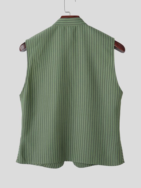 Men's Military Pinstripe Mandarin Collar Double-Breasted Waistcoat SKUL57694