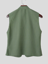 Men's Military Pinstripe Mandarin Collar Double-Breasted Waistcoat SKUL57694