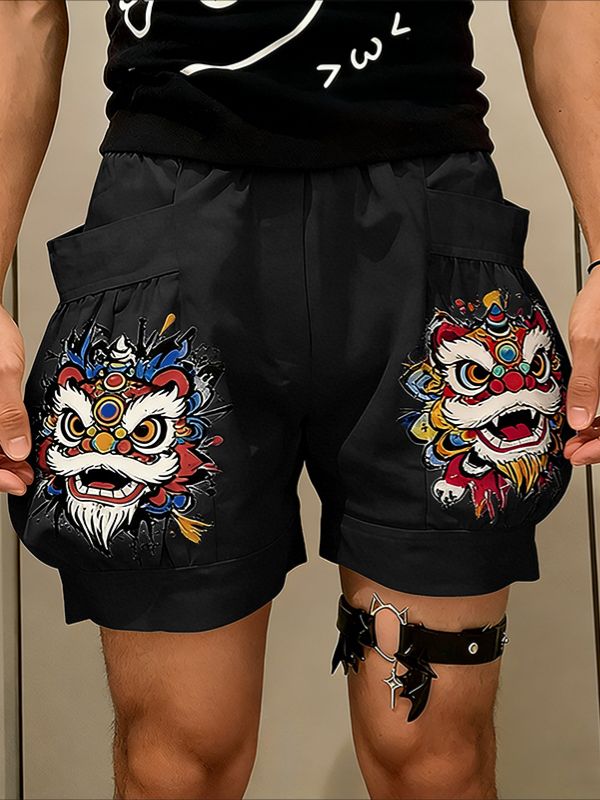 Men's Vintage Modern Chinese Lion Dance Graphic 3D Pocket Loose Cargo Short SKUL63709