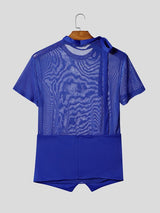 Men's Sheer Mesh Elongated Ribbon Tie Short Sleeve T-shirt SKUL56286