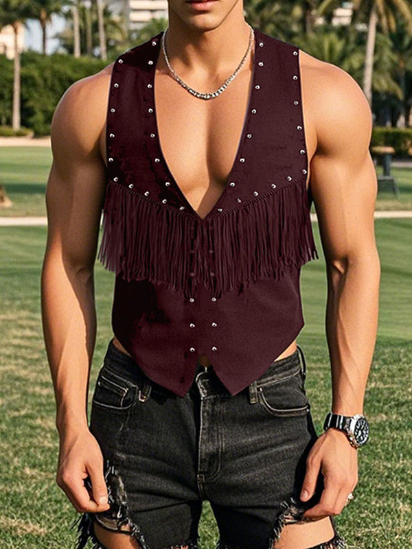 Mens Solid Color Fringe-Trimmed Sleeveless Tank SKUK97853