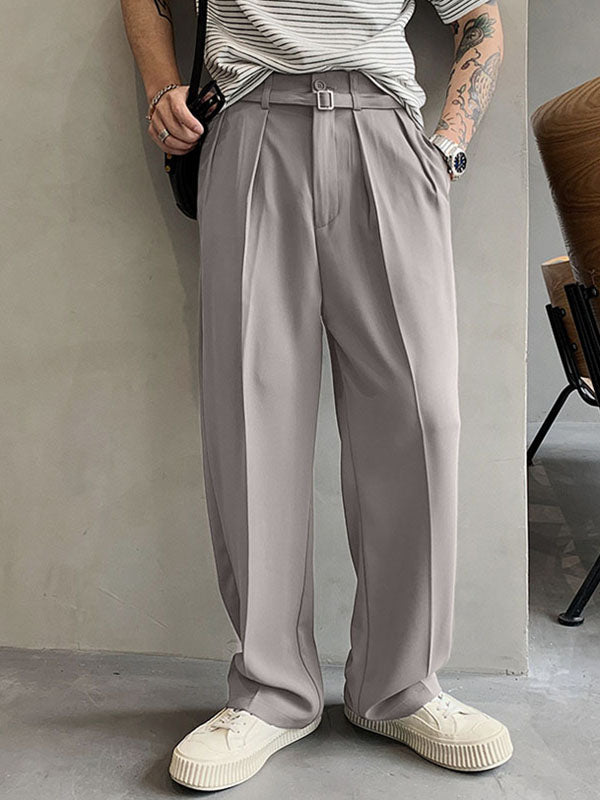 Mens Solid Pleated Belted Casual Straight Pants SKUK00623