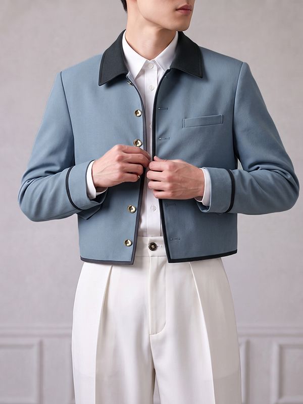 Men's Smart Chic Art Exhibition Contrast Collar Piped Trim Five-Button Cropped Jacket SKUL85504
