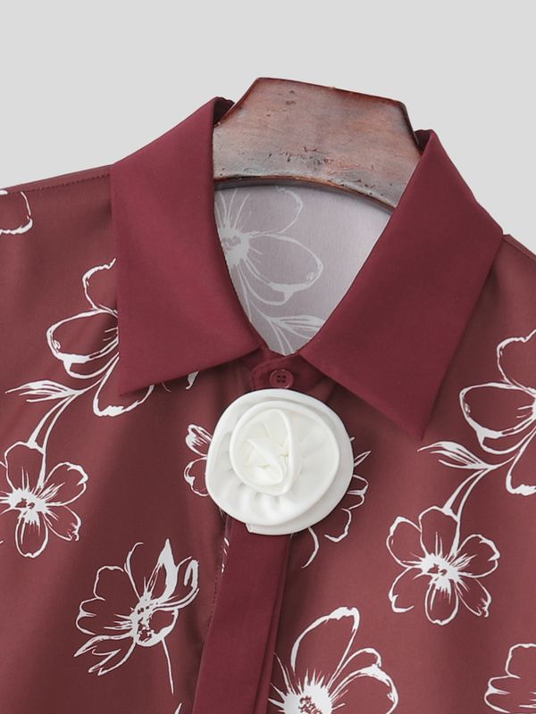 Men's 3D Floral Tie Front Short Sleeve Shirt SKUL55364