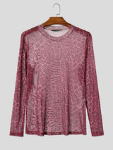Men's Sexy Clubwear Sheer Leopard Pattern Second Skin Muscle Fit Long Sleeve Crew Neck T-shirt SKUL82464