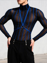Men's Striped Patchwork Sheer Long Sleeve T-Shirt SKUL23956