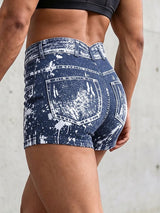 Men's Faux Denim Splatter Print High-Waisted Booty Short SKUL75678