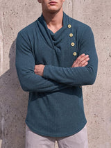 Men's Avant-Garde Early Autumn Casual Asymmetrical Side Button Vertical Stripe Long Sleeve Cowl Neck T-shirt SKUL83122