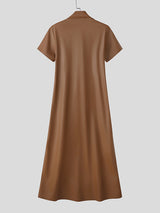 Men's Solid Faux Leather Lapel Short Sleeve Cardigan SKUL26034