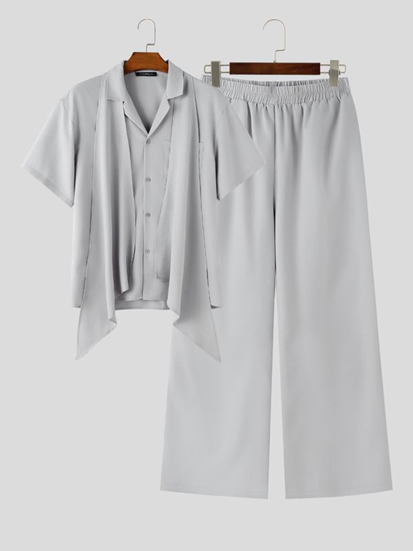 Men's Avant-Garde Romantic Flowy Tie-Neck Short Sleeve Shirt SKUL74630