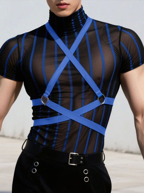 Men's Sheer Mesh Striped Short Sleeve T-Shirt SKUL24573
