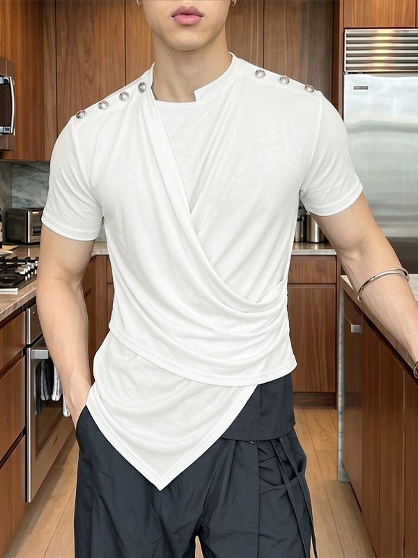 Men's Avant-garde Fashion Draped Metal Button Asymmetric Short Sleeve T-shirt SKUL66864